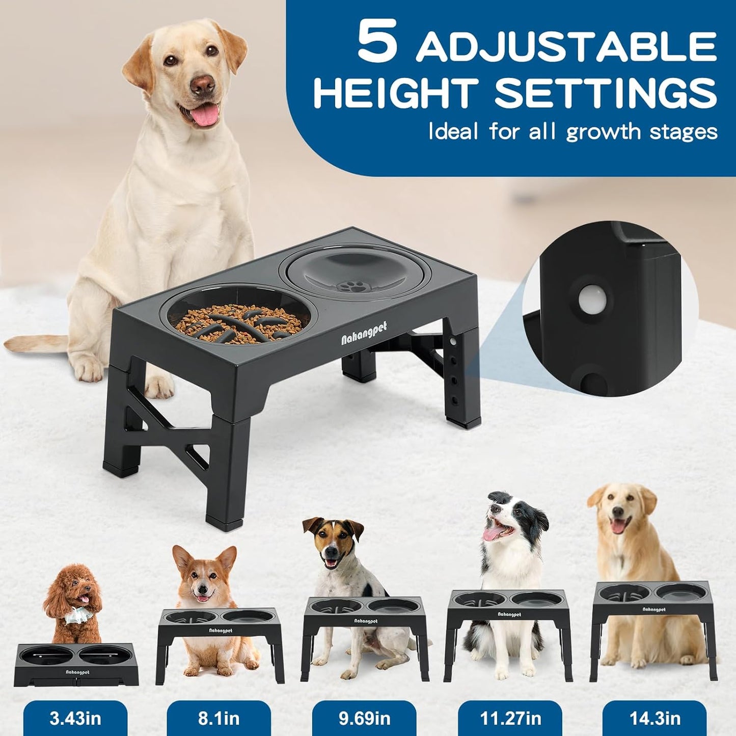 Adjustable 2-in-1 Elevated Dog Bowls – Slow Feeder & Water, 5 Height Levels, Non-Slip, No-Spill Design (Grey)