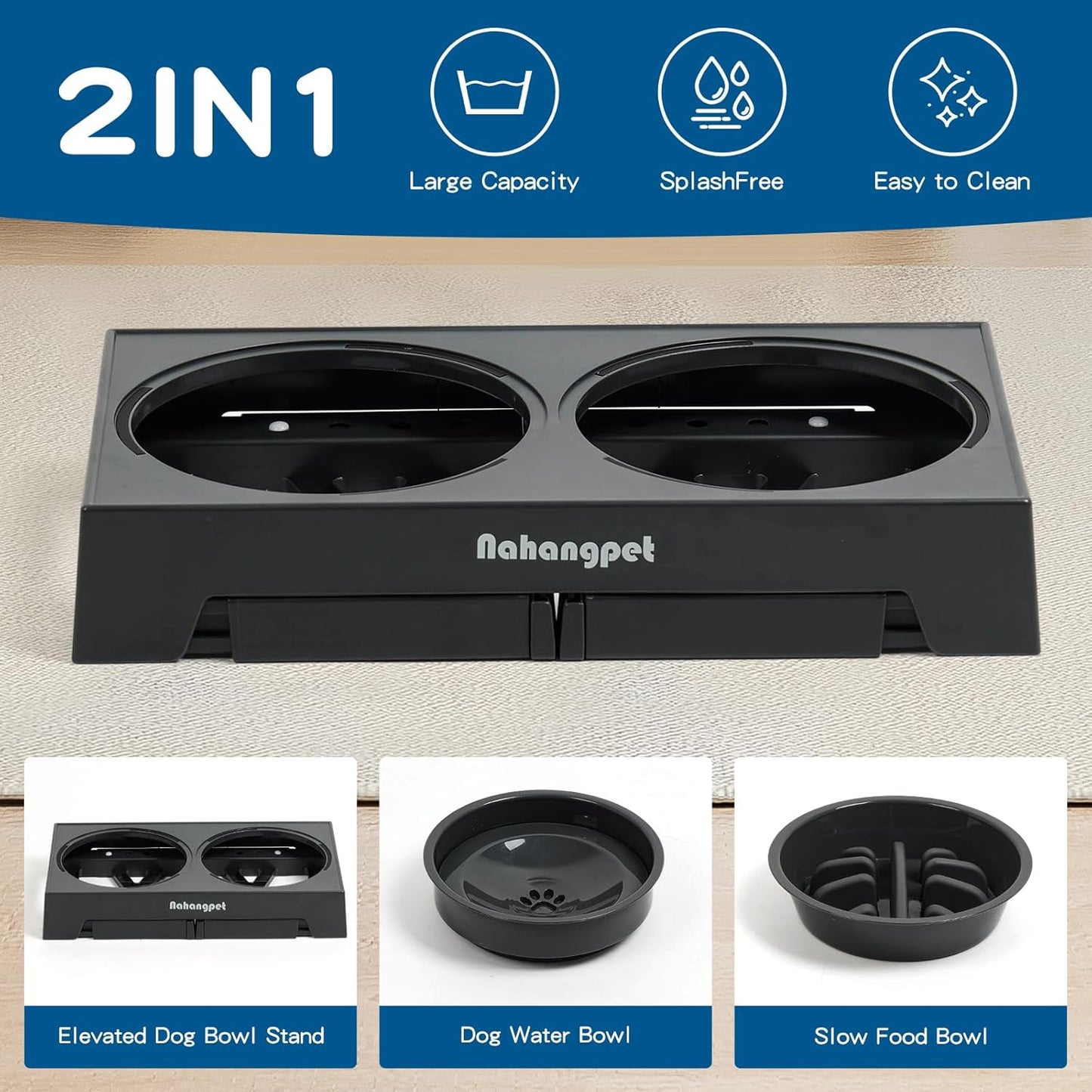 Adjustable 2-in-1 Elevated Dog Bowls – Slow Feeder & Water, 5 Height Levels, Non-Slip, No-Spill Design (Grey)