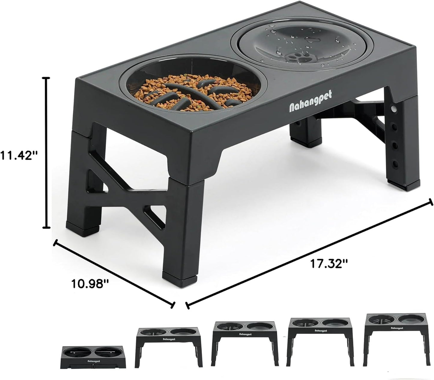 Adjustable 2-in-1 Elevated Dog Bowls – Slow Feeder & Water, 5 Height Levels, Non-Slip, No-Spill Design (Grey)