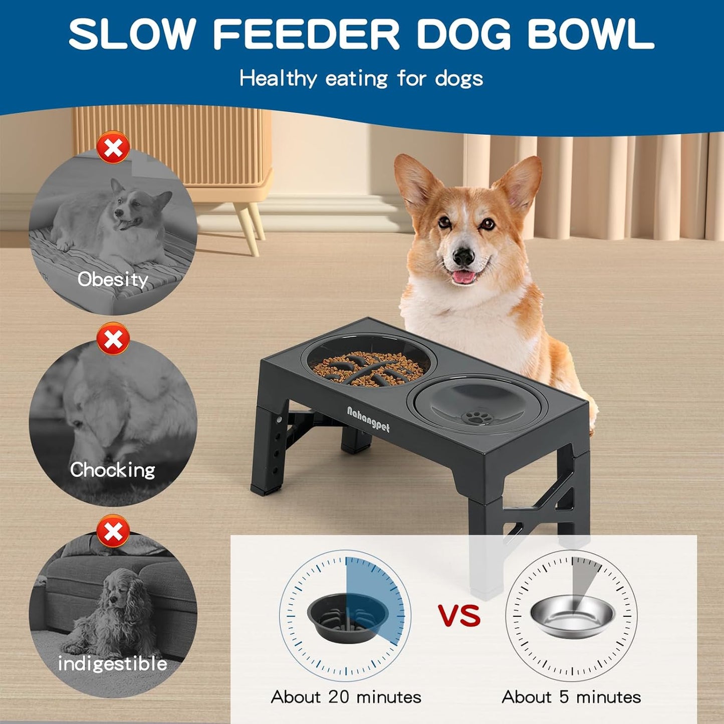 Adjustable 2-in-1 Elevated Dog Bowls – Slow Feeder & Water, 5 Height Levels, Non-Slip, No-Spill Design (Grey)