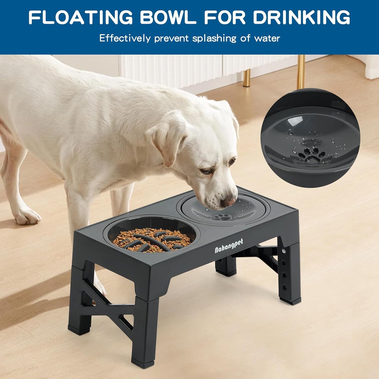 Adjustable 2-in-1 Elevated Dog Bowls – Slow Feeder & Water, 5 Height Levels, Non-Slip, No-Spill Design (Grey)