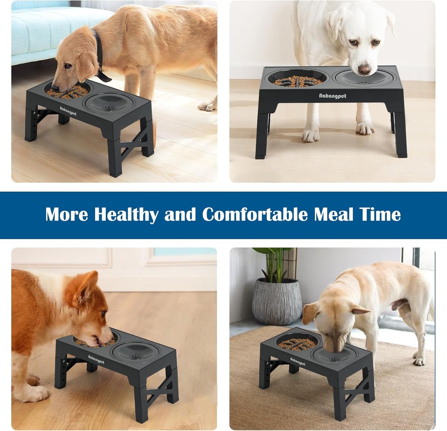Adjustable 2-in-1 Elevated Dog Bowls – Slow Feeder & Water, 5 Height Levels, Non-Slip, No-Spill Design (Grey)